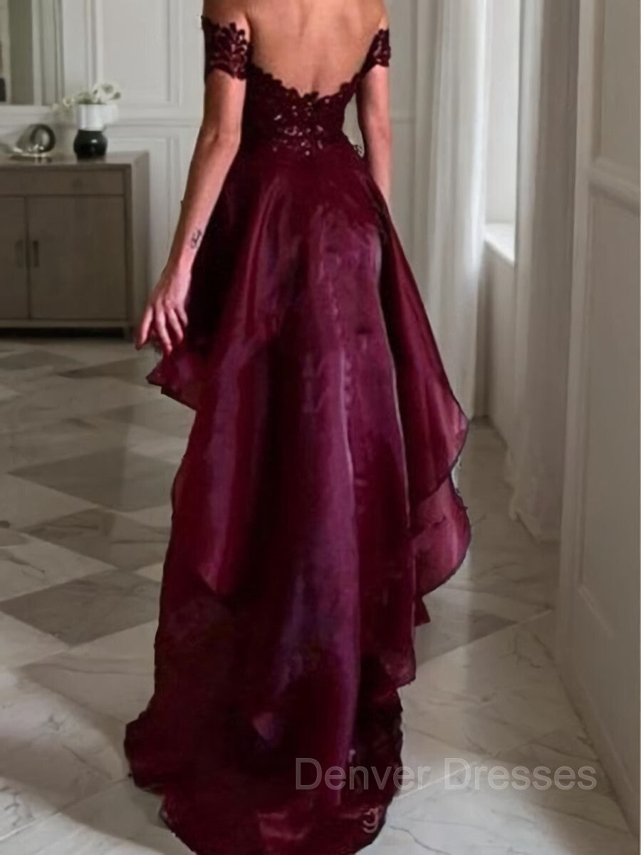Homecoming Dress Inspo, A-Line/Princess Off-the-Shoulder Asymmetrical Organza Evening Dresses With Appliques Lace