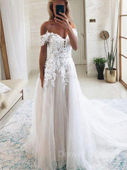 Wedding Dresses Elegent, A-Line/Princess Off-the-Shoulder Cathedral Train Tulle Wedding Dresses With Appliques Lace