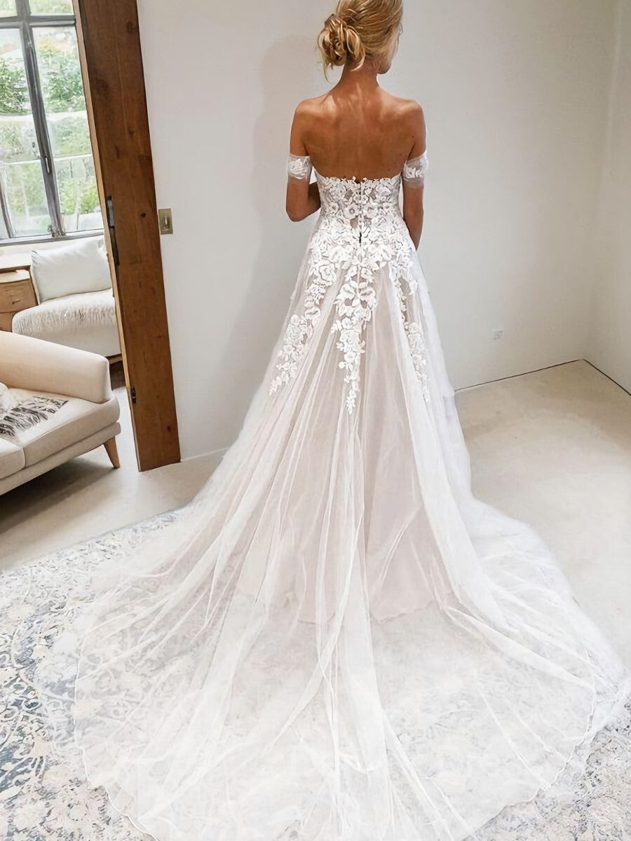 Wedding Dress Lookbook, A-Line/Princess Off-the-Shoulder Cathedral Train Tulle Wedding Dresses With Appliques Lace