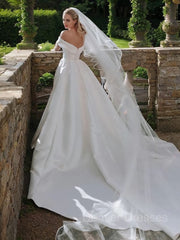 Wedding Dresses Dresses, A-Line/Princess Off-the-Shoulder Cathedral Train Satin Wedding Dresses