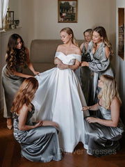 Wedding Dress Deals, A-Line/Princess Off-the-Shoulder Cathedral Train Satin Wedding Dresses