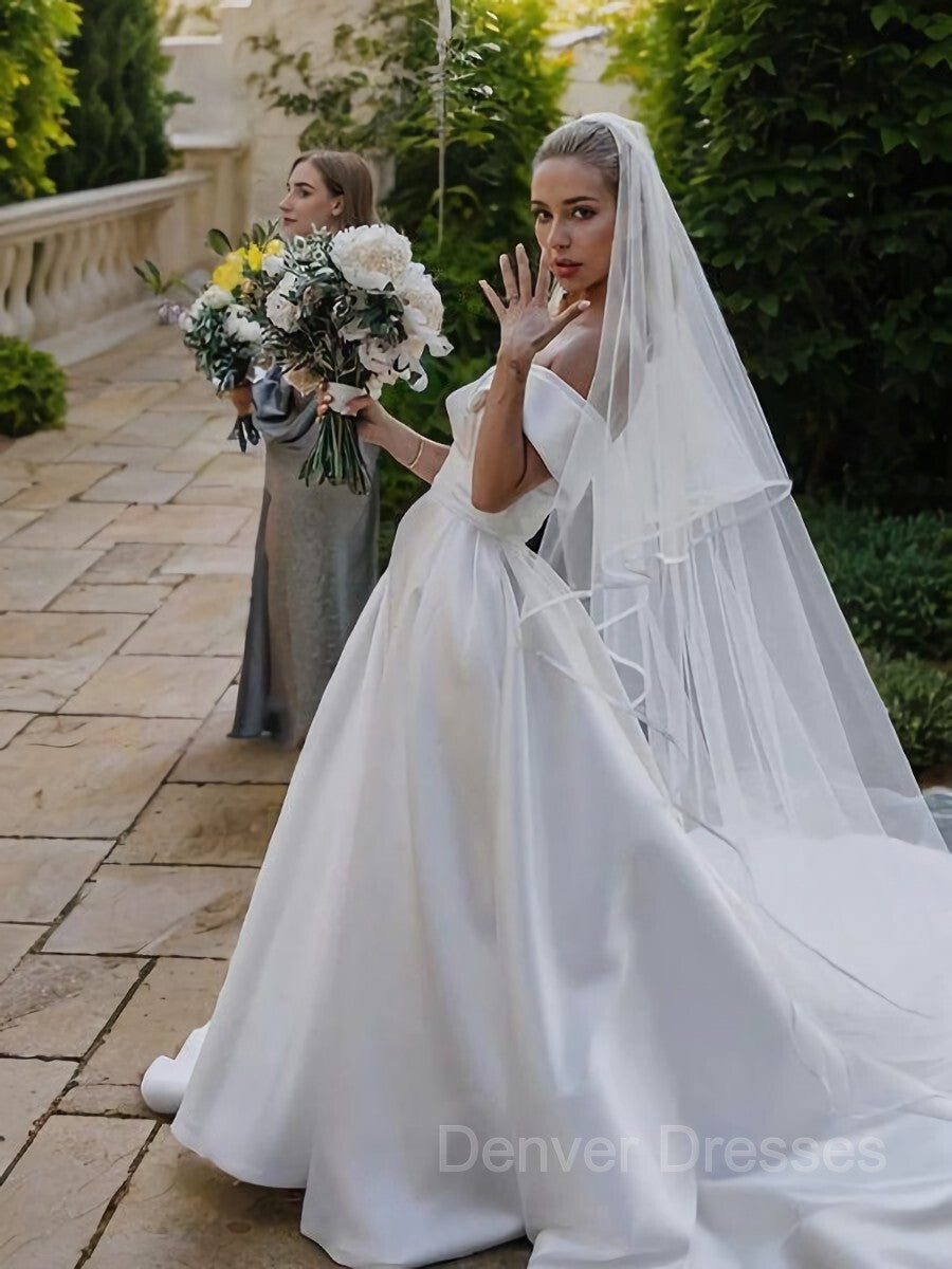 Wedding Dresses Bridesmaid, A-Line/Princess Off-the-Shoulder Cathedral Train Satin Wedding Dresses