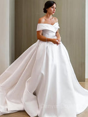 Wedding Dresses For Short Brides, A-Line/Princess Off-the-Shoulder Chapel Train Satin Wedding Dresses