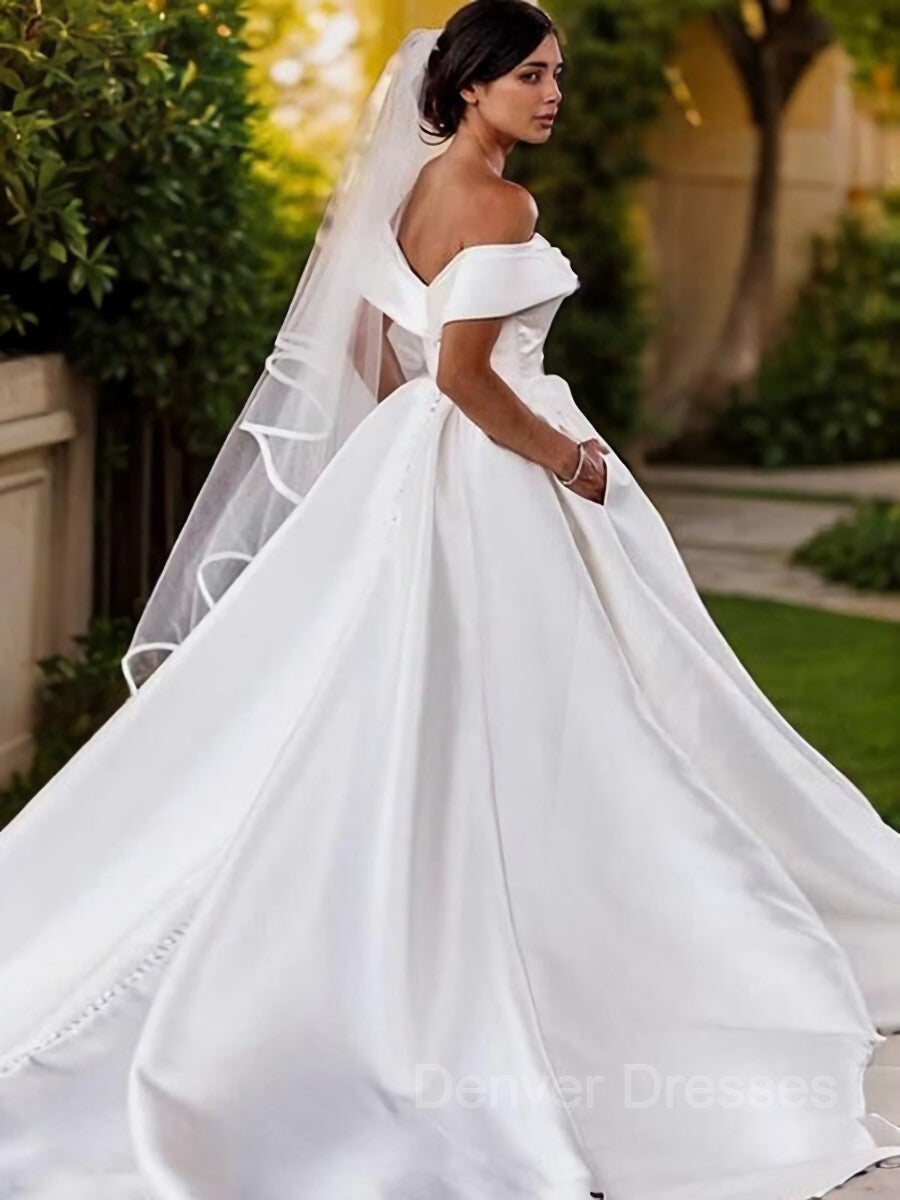 Wedding Dress For Short Bride, A-Line/Princess Off-the-Shoulder Chapel Train Satin Wedding Dresses