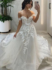 Wedding Dresse Vintage Lace, A-line/Princess Off-the-Shoulder Chapel Train Tulle Wedding Dress with Appliques Lace