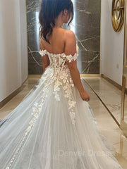Wedding Dress Budget, A-line/Princess Off-the-Shoulder Chapel Train Tulle Wedding Dress with Appliques Lace