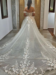 Wedding Dresses Budget, A-line/Princess Off-the-Shoulder Chapel Train Tulle Wedding Dress with Appliques Lace