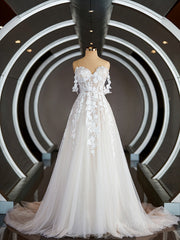 Wedding Dress Ball Gown, A-Line/Princess Off-the-Shoulder Chapel Train Tulle Wedding Dresses with Appliques Lace