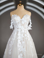Wedding Dresses For Over 57S, A-Line/Princess Off-the-Shoulder Chapel Train Tulle Wedding Dresses with Appliques Lace