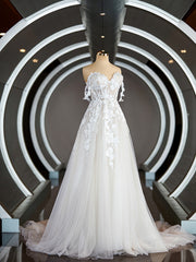 Wedding Dresses Off The Shoulder, A-Line/Princess Off-the-Shoulder Chapel Train Tulle Wedding Dresses with Appliques Lace