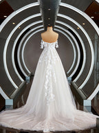 Wedding Dresses Outfit, A-Line/Princess Off-the-Shoulder Chapel Train Tulle Wedding Dresses with Appliques Lace
