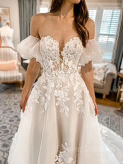 Wedding Dress Bridesmaids, A-Line/Princess Off-the-Shoulder Chapel Train Tulle Wedding Dresses With Appliques Lace