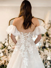 Weddings Dresses Bridesmaid, A-Line/Princess Off-the-Shoulder Chapel Train Tulle Wedding Dresses With Appliques Lace
