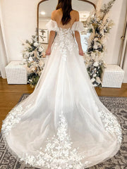 Wedding Dress Bridesmaid, A-Line/Princess Off-the-Shoulder Chapel Train Tulle Wedding Dresses With Appliques Lace