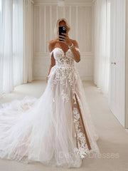 Weddings Dresses Lace Simple, A-Line/Princess Off-the-Shoulder Chapel Train Tulle Wedding Dresses With Leg Slit