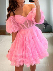 Fairy Dress, A-Line/Princess Off-the-Shoulder Corset Short/Mini Tulle Homecoming Dresses With Ruffles