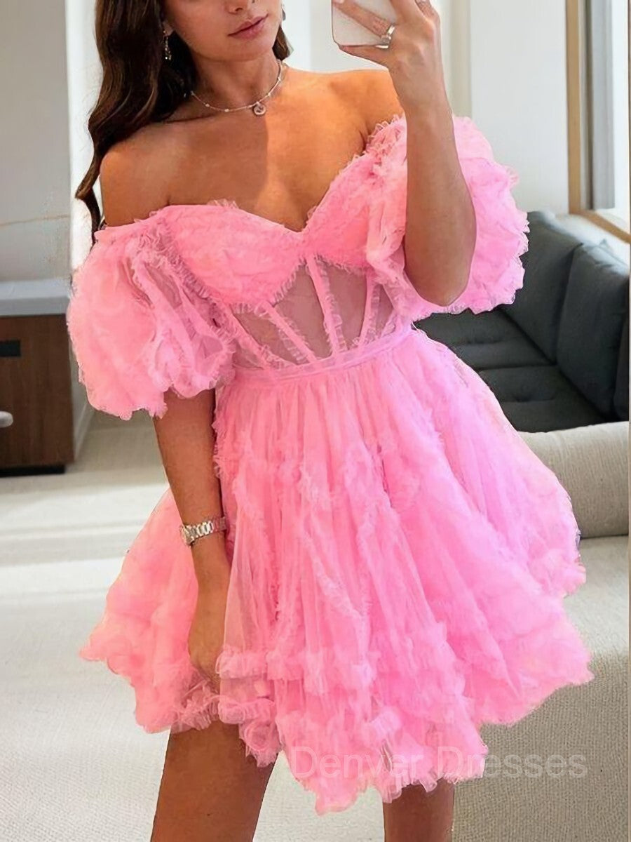 Ethereal Dress, A-Line/Princess Off-the-Shoulder Corset Short/Mini Tulle Homecoming Dresses With Ruffles