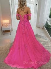 Bridesmaid Dresses By Color, A-Line/Princess Off-the-Shoulder Court Train Tulle Prom Dresses With Leg Slit