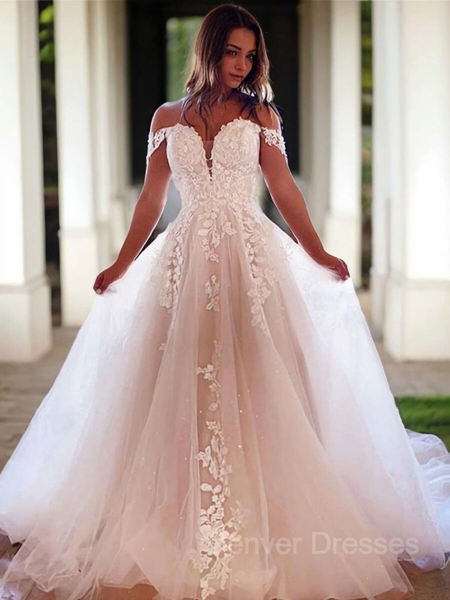 Wedding Dress Princesses, A-Line/Princess Off-the-Shoulder Court Train Tulle Wedding Dresses
