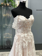 Wedding Dress With Sleeve, A-Line/Princess Off-the-Shoulder Court Train Tulle Wedding Dresses With Appliques Lace