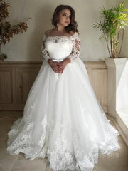 Wedding Dress Winter, A-Line/Princess Off-the-Shoulder Court Train Tulle Wedding Dresses With Belt/Sash