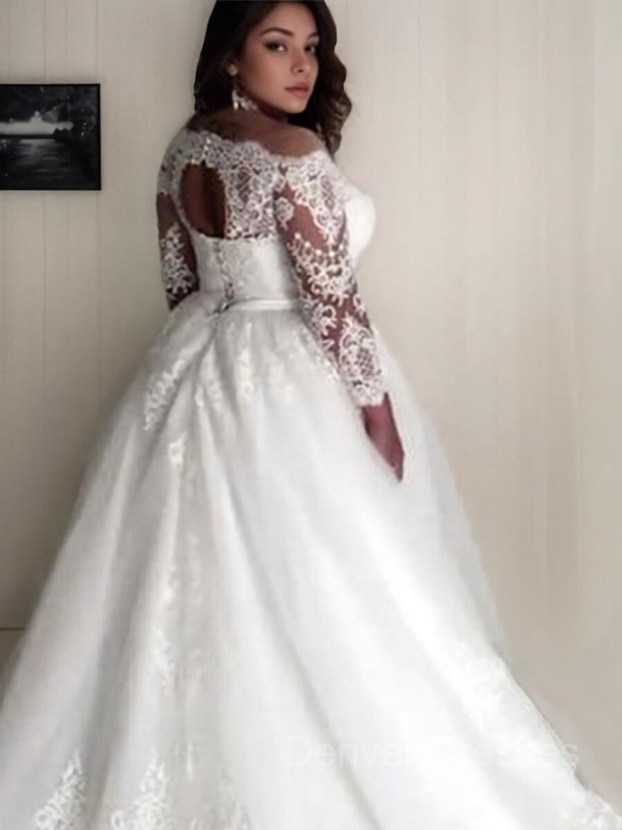 Wedding Dresses Winter, A-Line/Princess Off-the-Shoulder Court Train Tulle Wedding Dresses With Belt/Sash