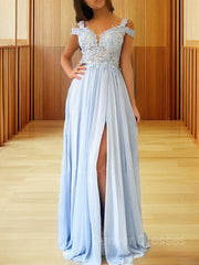 Evening Dress Online, A-Line/Princess Off-the-Shoulder Floor-Length Chiffon Prom Dresses With Leg Slit