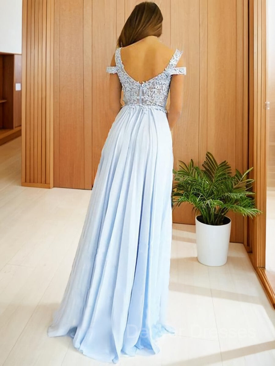 Evening Dress Cheap, A-Line/Princess Off-the-Shoulder Floor-Length Chiffon Prom Dresses With Leg Slit