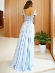 Evening Dress Cheap, A-Line/Princess Off-the-Shoulder Floor-Length Chiffon Prom Dresses With Leg Slit
