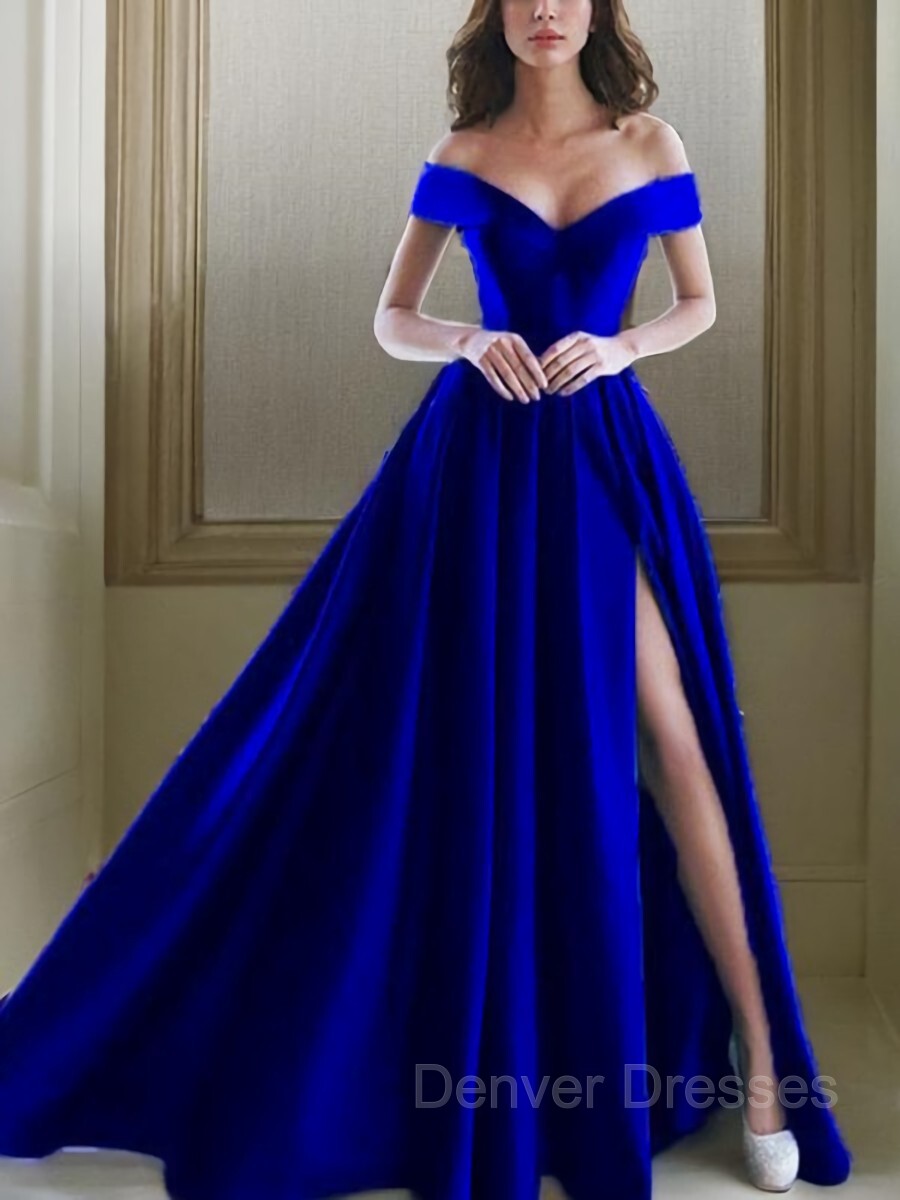 Party Dress Shopping, A-Line/Princess Off-the-Shoulder Floor-Length Satin Prom Dresses With Leg Slit