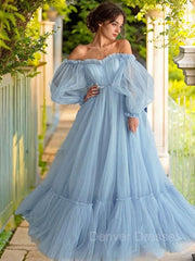 Prom Dress A Line, A-Line/Princess Off-the-Shoulder Floor-Length Tulle Prom Dresses With Appliques Lace