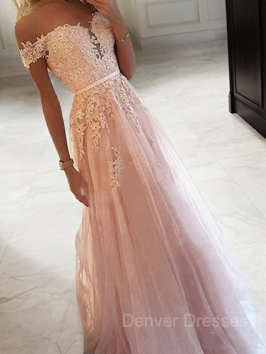 Chiffon Dress, A-Line/Princess Off-the-Shoulder Floor-Length Tulle Prom Dresses With Appliques Lace