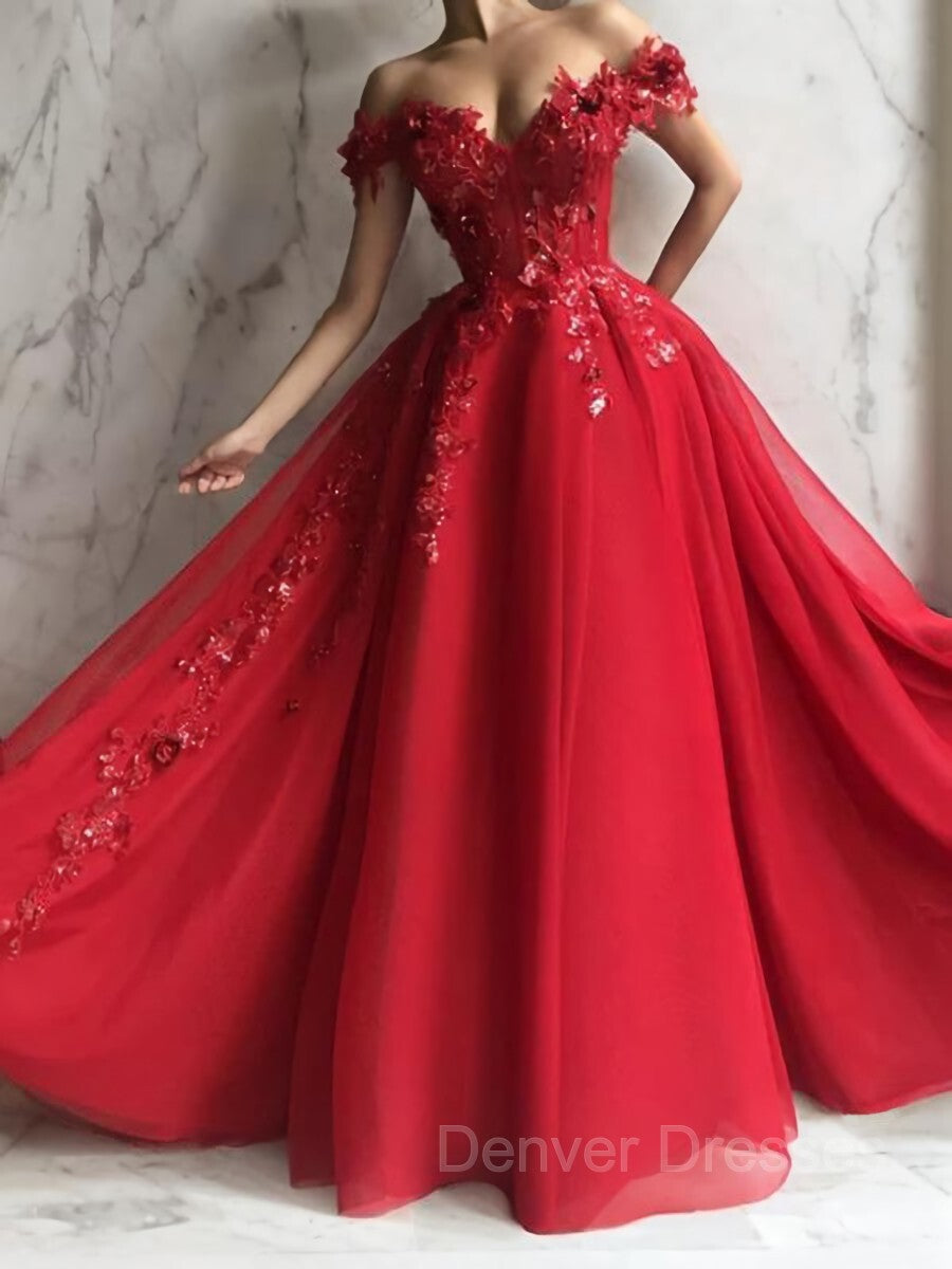 Formal Dresses Website, A-Line/Princess Off-the-Shoulder Floor-Length Tulle Prom Dresses With Appliques Lace