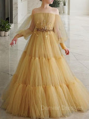 Bridesmaid Dresses Mismatching, A-Line/Princess Off-the-Shoulder Floor-Length Tulle Prom Dresses With Beading