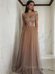 Party Dresses Shorts, A-Line/Princess Off-the-Shoulder Floor-Length Tulle Prom Dresses With Flower