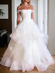 Wedding Dress Elegant Simple, A-Line/Princess Off-the-Shoulder Floor-Length Tulle Wedding Dresses