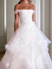 Wedding Dress Under 5006, A-Line/Princess Off-the-Shoulder Floor-Length Tulle Wedding Dresses