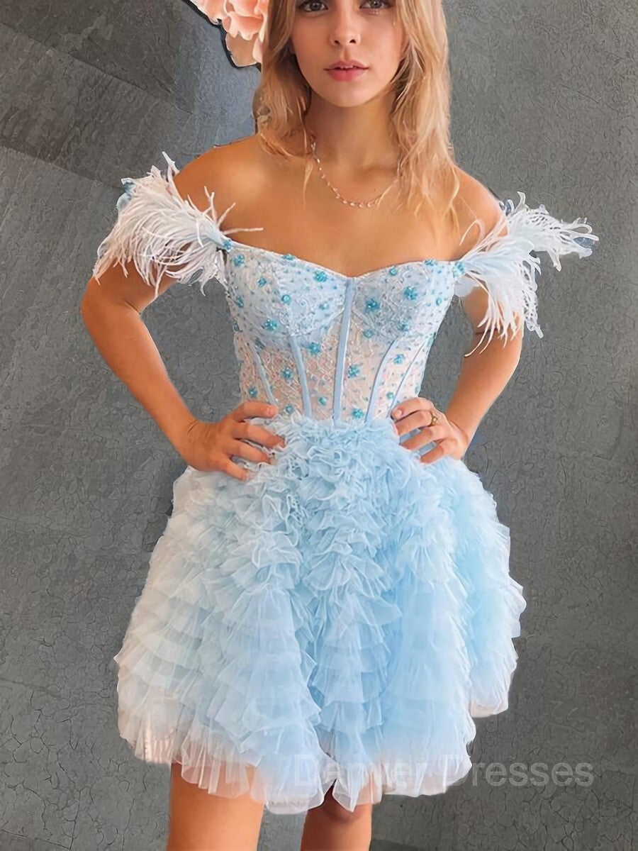 Evening Gown, A-line/Princess Off-the-Shoulder Knee-Length Tulle Homecoming Dress with Cascading Ruffles