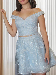 Homecome Dresses Short Prom, A-Line/Princess Off-the-Shoulder Short/Mini Lace Applique Homecoming Dresses