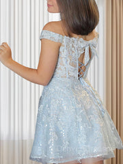 Homecoming Dresses Vintage, A-Line/Princess Off-the-Shoulder Short/Mini Lace Applique Homecoming Dresses