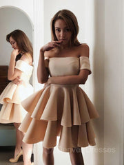 Party Dresses Design, A-Line/Princess Off-the-Shoulder Short/Mini Satin Homecoming Dresses