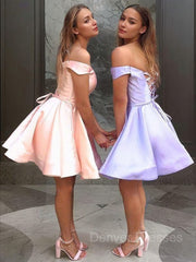 Party Dress Lady, A-Line/Princess Off-the-Shoulder Short/Mini Satin Homecoming Dresses With Ruffles