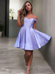 Party Dress Ladies, A-Line/Princess Off-the-Shoulder Short/Mini Satin Homecoming Dresses With Ruffles