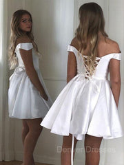 Party Dress For Teen, A-Line/Princess Off-the-Shoulder Short/Mini Satin Homecoming Dresses With Ruffles