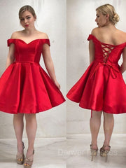 Party Dress For Teens, A-Line/Princess Off-the-Shoulder Short/Mini Satin Homecoming Dresses With Ruffles