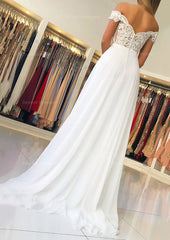 Formal Dresses Simple, A-line/Princess Off-the-Shoulder Short Sleeve Sweep Train Chiffon Prom Dress With Beading Appliqued