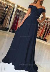 Formal Dress Simple, A-line/Princess Off-the-Shoulder Short Sleeve Sweep Train Chiffon Prom Dress With Beading Appliqued