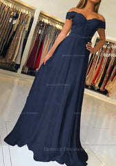 Formal Dresses Ball Gown, A-line/Princess Off-the-Shoulder Short Sleeve Sweep Train Chiffon Prom Dress With Beading Appliqued