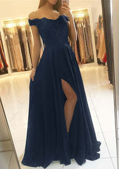 Formal Dress Long Elegant, A-line/Princess Off-the-Shoulder Sleeveless Long/Floor-Length Chiffon Prom Dress With Beading Split