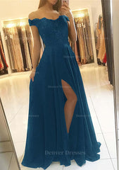 Formal Dress For Teen, A-line/Princess Off-the-Shoulder Sleeveless Long/Floor-Length Chiffon Prom Dress With Beading Split